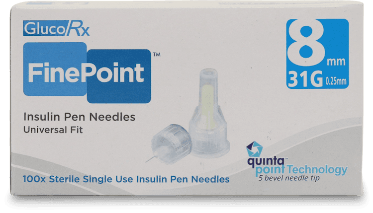 GlucoRx FinePoint Insulin Pen Needles 8mm 31G 100 Pack