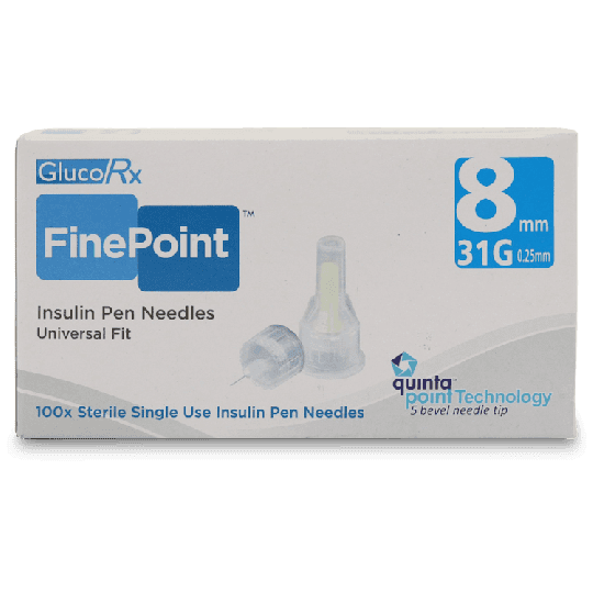 GlucoRx FinePoint Insulin Pen Needles 8mm 31G 100 Pack