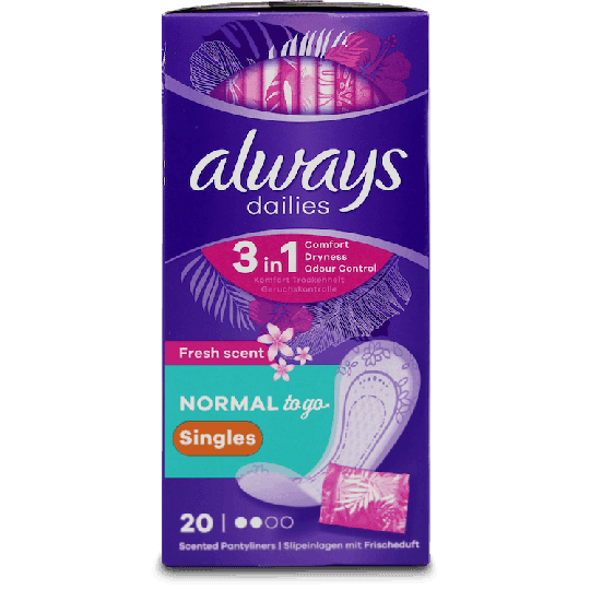 Always Dailies Singles Panty Liners Fresh Scent 20 Liners